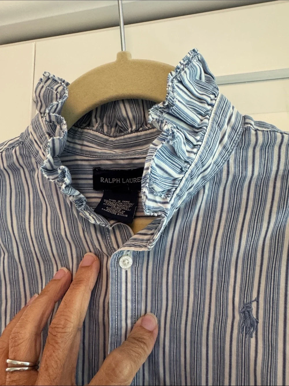 Ralph Lauren Light Blue & White Striped Ruffle Collar Button-Down Shirt